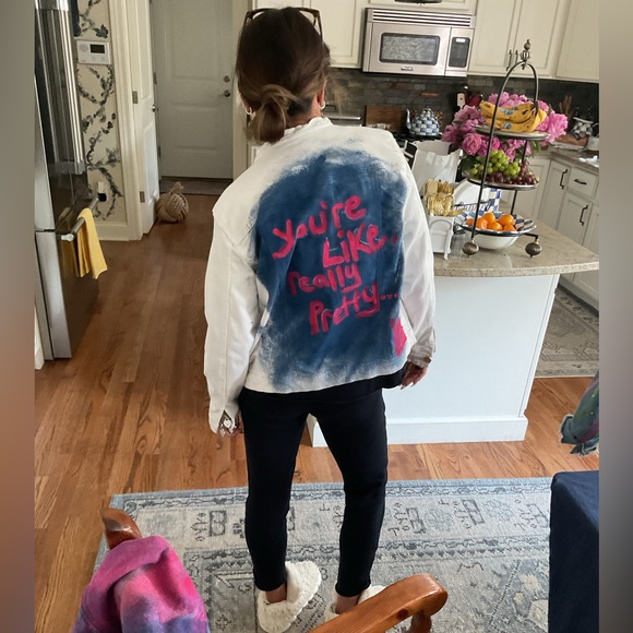 Jackets & Blazers - White jean jacket custom “you’re like really pretty”. size medium